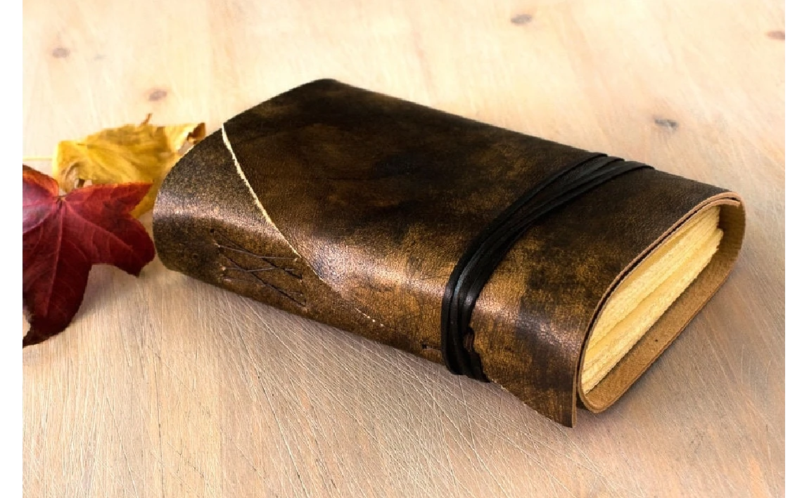 Libro en blanco, diario en piel, acabado envejecido marrón - castaño, cuaderno B6, diario A6 3