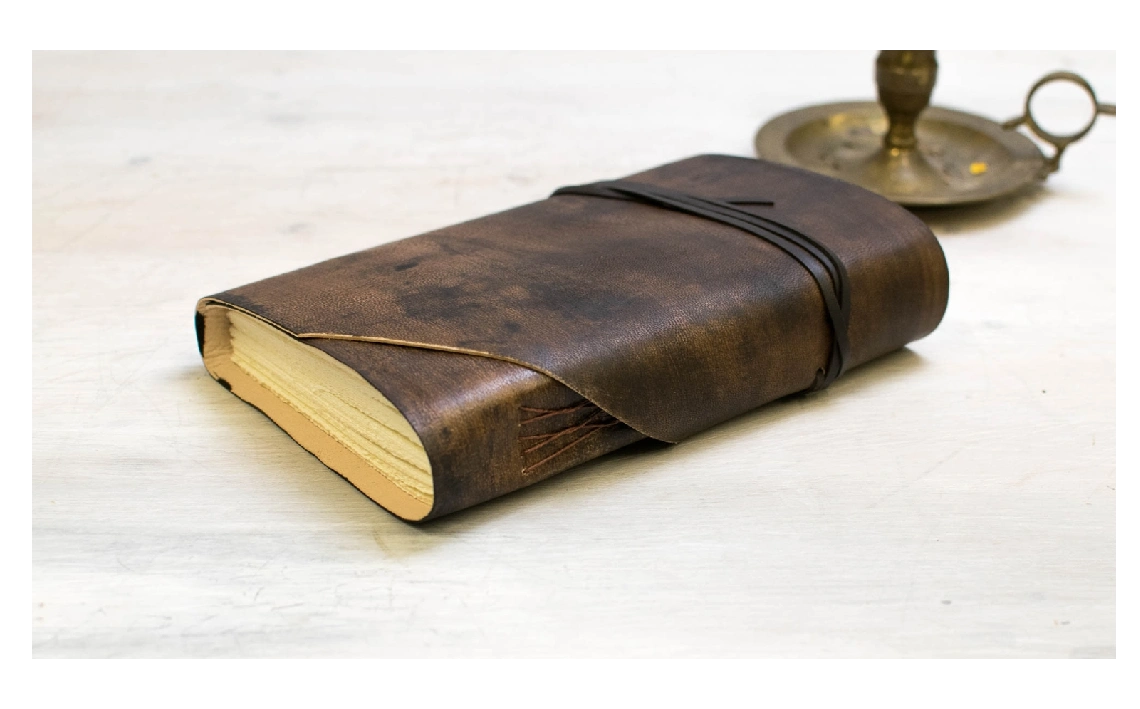 Libro en blanco, diario en piel, acabado envejecido marrón - castaño, cuaderno B6, diario A6 7