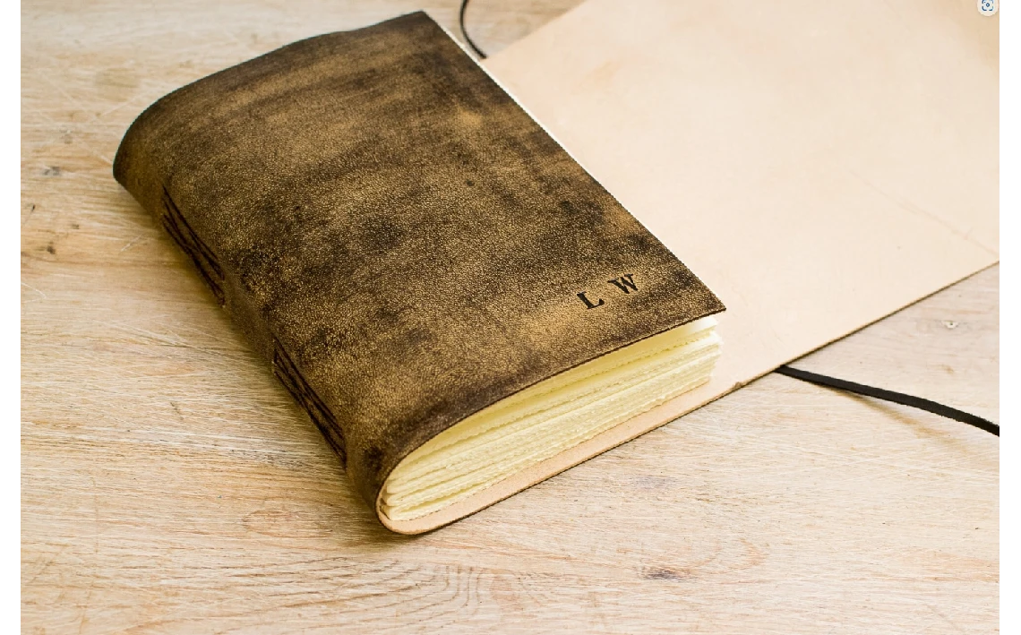 Libro en blanco, diario en piel, acabado envejecido marrón - castaño, cuaderno B6, diario A68